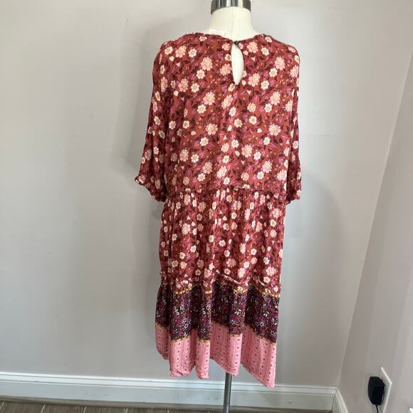 Knox Rose Floral Boho Tiered Midi Dress XXL 100% Rayon Pink Burgundy - Picture 3 of 10